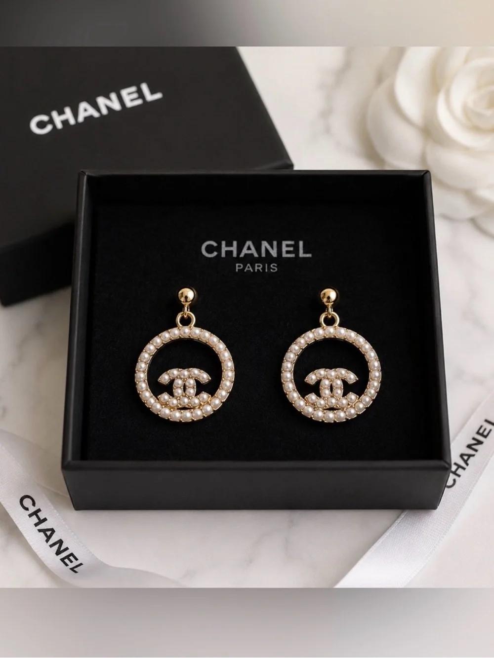CHANEL Gold-Tone Pearl CC Circle Drop Earrings Authentic